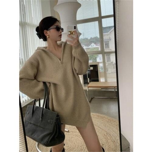 High Neck Knit Sweater Womens Winter New Loose Zipper Long-sleeved Long Pullover Fashion Elegant Split Knitted Jumper