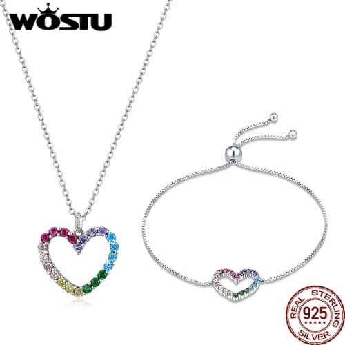 WOSTU Genuine 925 Sterling Silver Colorful Heart Set Adjustable Rainbow Bracelet & Necklace Chain For Women Luxury Jewelry S230