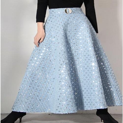 2021Spring new small fragrance sequined denim skirt women embroidered high waist big swing a-line skirt