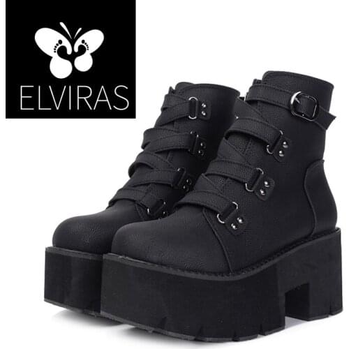 ELVIRAS Spring Autumn Ankle Boots Women Platform Boots Rubber Sole Buckle Black Leather PU High Heels Shoes Woman Comfortable