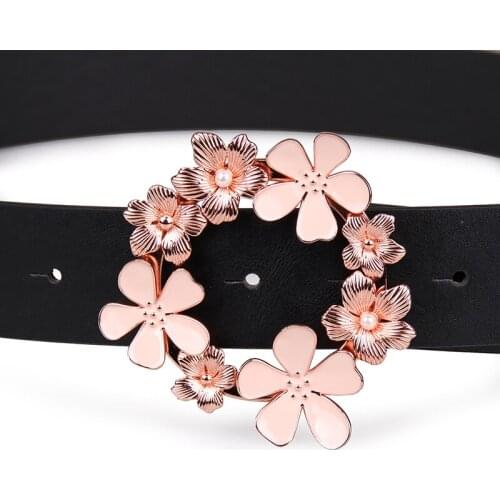Angry Snake Fashion Women Belt Pink Flower Pearl Buckle Classical Beautiful Belt Sweet Black High-grace Cute Female Belt