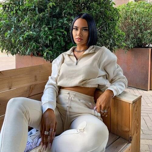 Hugcitar 2020 Long Sleeve Patchwor Croppes Sweatshirts Sweatpants 2 Piece Set Autumn Winter Women Joggings Pullovers Tracksuit