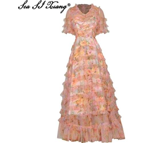 Seasixiang Fashion Designer Autumn Mesh Long Dress Women V-Neck Short Sleeve Floral Print Cascading Ruffle Bohemian Maxi Dresses