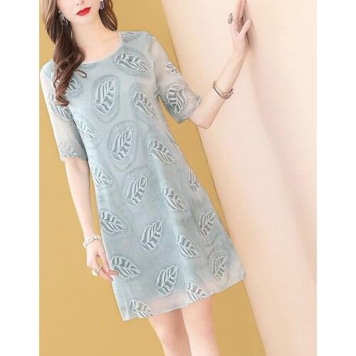 2021 New Fashion Elegant Womens Chiffon Print Dress Female Casual Style Summer O-Neck Artificial Silk Dresses