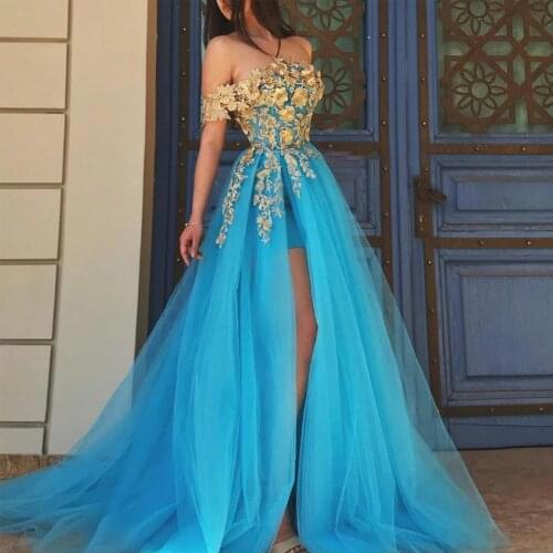 Off the Shoulder Golden Lace Applique Blue Evening Dress Front Slit Elegant Prom Dress vestidos de graduacion cortos