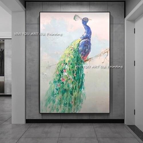 100% Handmade Pop Animal Peacock Oil Painting Thick Green Canvas Wall Art Pictures for Living Room Bedroom Office Decoration