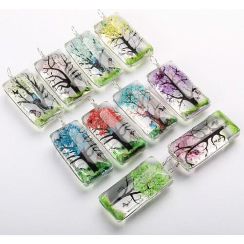 5pcs Rectangle Tree of Life Color Dried Flower Jewelry Making Transparent Plexiglas Glass Pendant for DIY Necklace Accessories