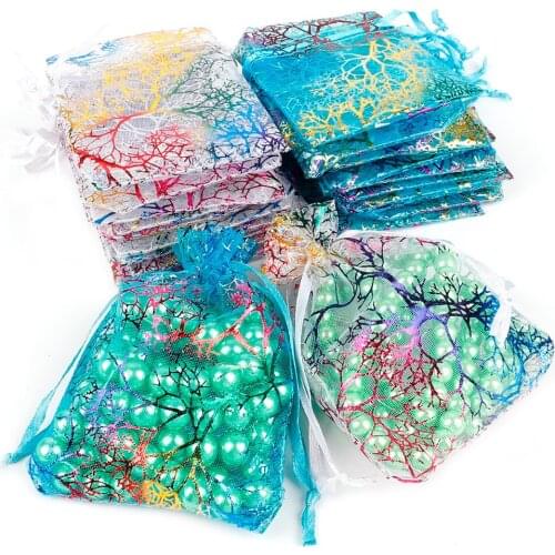 50pcs Exquisite Multicolor Drawstring Organza White Blue Colorful Packaging Display Bags Wedding Gift bags DIY Jewelry Pouches