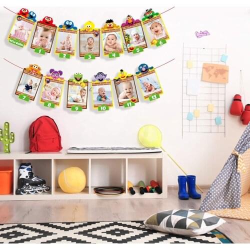 Sesame Friends First Birthday Photo Banner for Baby Newborn to 12 Months Monthly Milestone Photograph with Stickers Party Decor