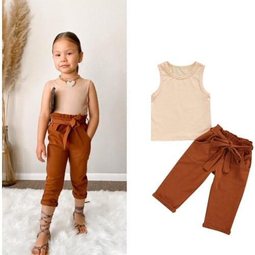 FOCUSNORM 2Pcs Summer Fashion Kids Girls Clothes Sets Solid Sleeveless Vest + Brown Bow Pants with Belt 1-6Y