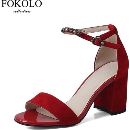 FOKOLO New Sandals for Women Buckle Strap Ankle Strap Thick Heels 2020 Summer Red Kid Suede Upper Party Classic ladies Shoes L10