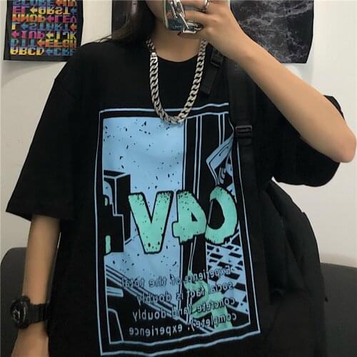 Summer mid-length cotton womens T-shirt simple printing large size female student T loose college style