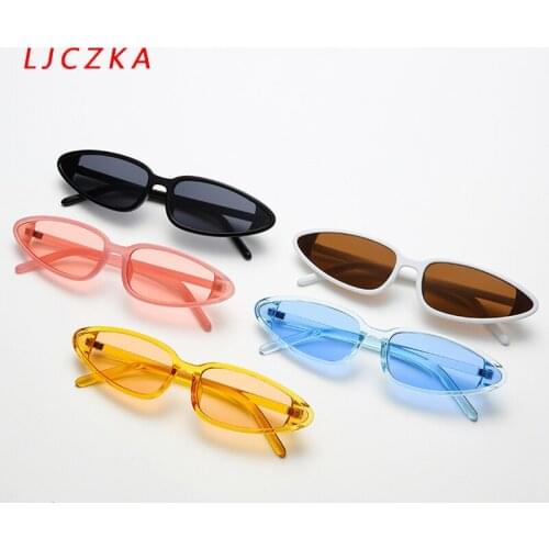 LJCZKA New Small Cat Eye Women Sunglasses 2021 Vintage Narrow White Black Eyeglasses For Girls Female Retro Gafas De Sol Mujer