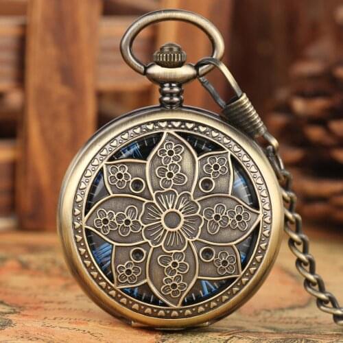 Bronze Lotus Flower Hollow Case Hand-winding Mechanical Pocket Watches Blue Roman Dial FOB Clock Skeleton Watch Chain zakhorloge