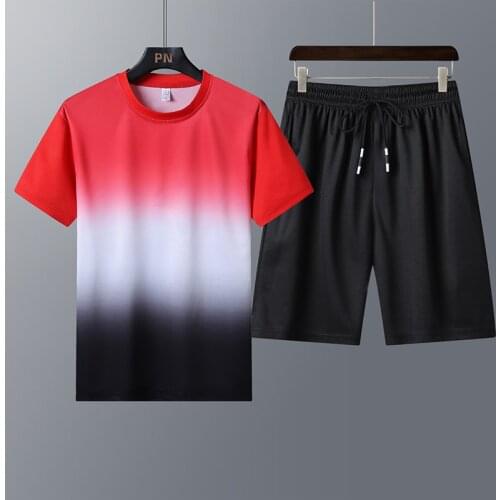 Fashion Patchwork 2021 Spring and Summer Gradient Casual Short-sleeved Polo Shirt Beach Shorts Mens Spring and Summer Slim Suit