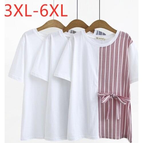 New 2021 summer plus size tops for women large loose short sleeve cotton stripe bow O neck T-shirt white red 3XL 4XL 5XL 6XL