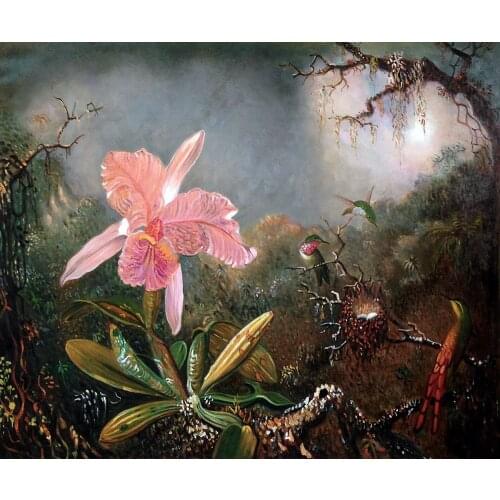 Landscape Art Flower Oil Painting Cattleya Orchid and Three Hummingbirds, 1871 by Martin Johnson Heade Painting Reproductions
