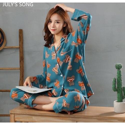 JULYS SONG Cotton Bear Print Pajamas Set 2 Pieces Cartoon Cute Casual Female Spring Summer Autumn Sleepwear Trousers Homewear