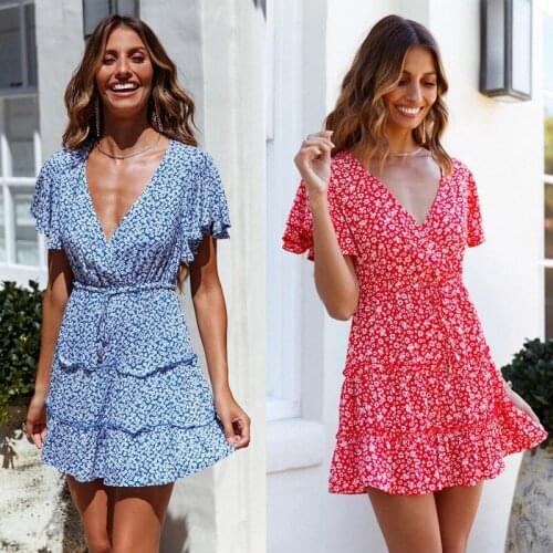 Summer Dresses Women Clothing A-line Floral Print Boho Mini Dresses Sexy V-Neck Beach Wear Dress For Women Vestidos Femme Robes