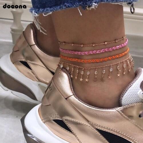 Docona Simple Star Water Drop Crystal Charms Anklet for Women Orange Pink Knitting Rope Multilayer Anklet 8497