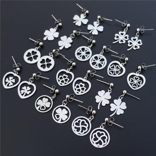 Stainless Steel Earrings Four Leaves Clover Plant Earring Jewelry Wholesale 12 pairs/lot Mix Styles