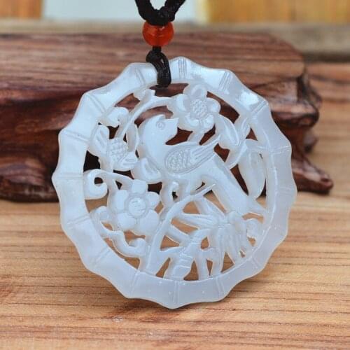 Certificate) Natural White HETIAN Stone Pendant Carved Magpies Happy Happiness Bird Pendant Necklace Men Jewelry Free Rope