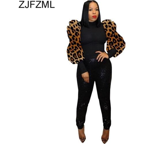 Leopard Patchwork Vintage Slim Fit T-Shirt Women O Neck Long Puff Sleeve Rib Knitted Top Spring Lady High Elastic Plus Size Tees