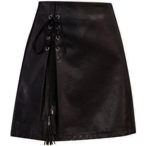 PERHAPS U PU Leather Skirt Women A-line Black High Waist Autumn Mini Skirt Lace-up Tassel S0087