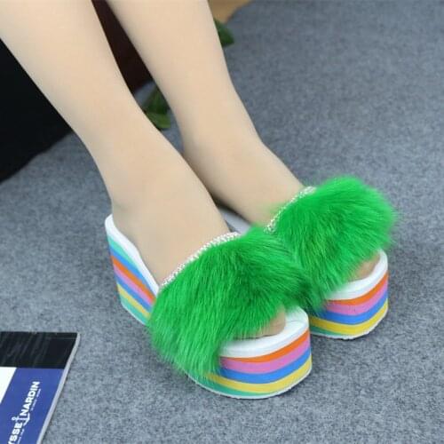Womens Rainbow Colors Real Fox Fur Decor Slipper Platform Muffin Super High Wedge Heel Shoes Slides Slingback New Mules