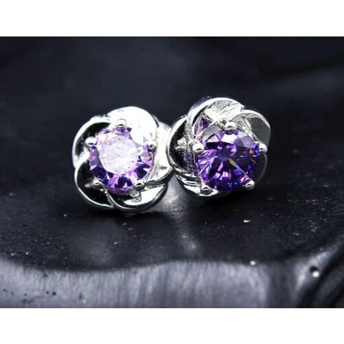 Plum Shape 925 Sterling Silver Zircon Stud Earrings For Women Heart & Arrows Cut Purple Zirconia Pendientes Mujer Moda LS506017