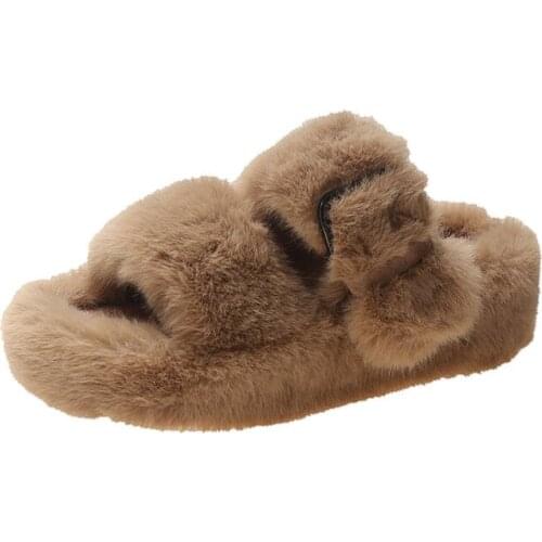 Rabbit Fur Slippers Women Shoes Woman Outdoor 2021 Fluffy Slippers Flat Warm Cotton Slides Flip Flops House Slippers Sandals
