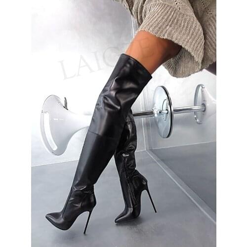 LAIGZEM Women Thigh High Boots Party Faux Leather Side Zip Stiletto Heels Long Boots Botas Bottes Femme Mujer Big Size 34-47