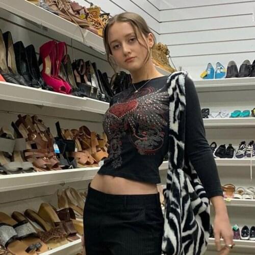 Y2K Fairy Grunge Rhinestone T-shirt 90s Vintage Black Grunge Women Tees Autumn Harajuku Graphic Print Long Sleeve Crop Top