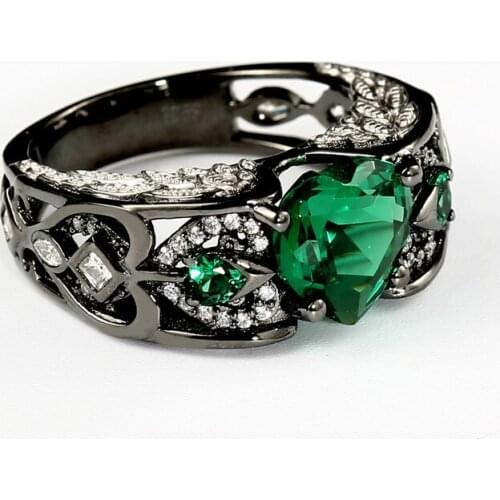 Black Gold 925 Sterling Silver Angel Wing Ri Wedding Rings for Women Heart Shaped natural green Emerald gemstone ring Jewelry