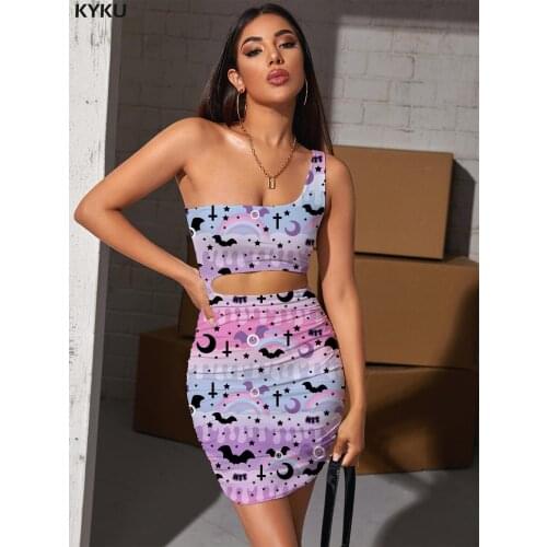 KYKU Brand Bat Dresses Women Jesus 3d Print Rainbow Pleating Novel Halter Sleeveless Womens Clothing Club Short Korean Style
