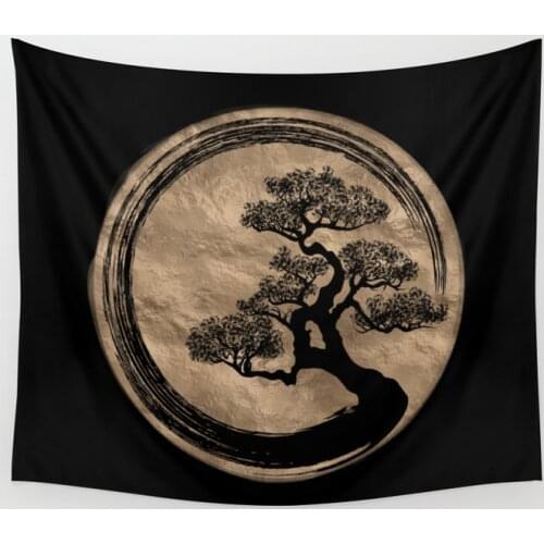 Zen Circle and Tree Gold Tapestry Wall Hanging Wall Decor Bedroom Home Decoration Wall Tapestry Yoga Mat