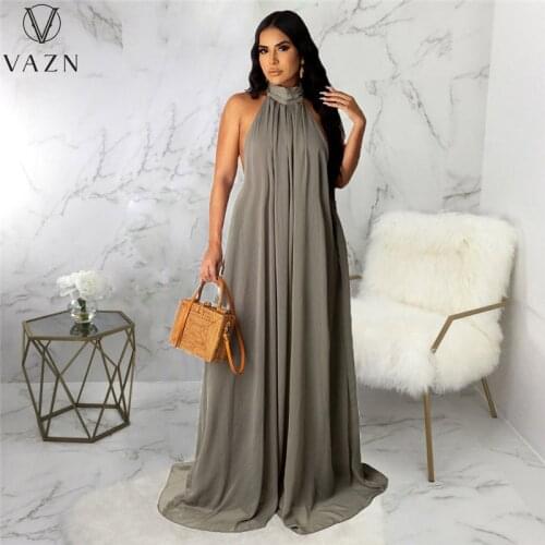 VAZN 2021 Solid Halter Vintage Sleeveless Dress Casual Young Chiffon Slim Young Women Maxi Dress