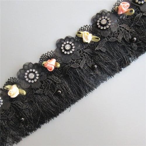 45cm/Lot Black Tassel Fringe Trim Diamond Pearl Flower Embroidered Lace Ribbon Fabric Sewing Supplies Craft Clothes Decoration