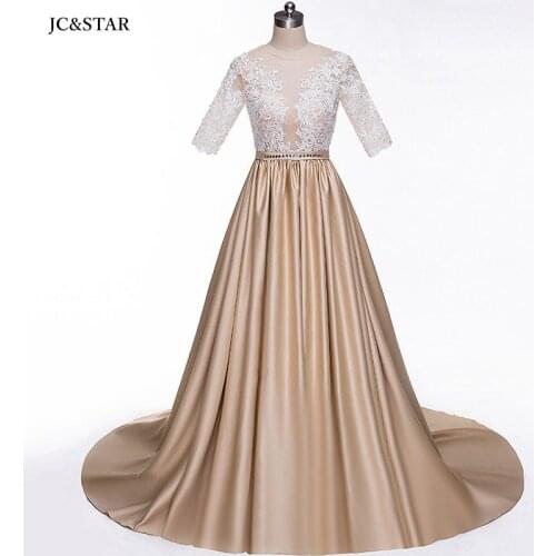 Champagne white prom dresses new V neck lace satin half sleeve A Line elegant evening dresses Sweep Train robe de soiree custom