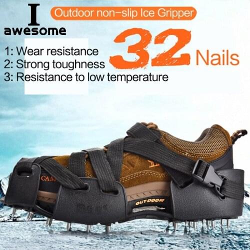 Black 32 Teeth Nail Ice Gripper Spike Shoes Anti-Slip Anti-Skid Non-slip Shoe Covers Snow Crampons Cleats Grips Climbing Boots