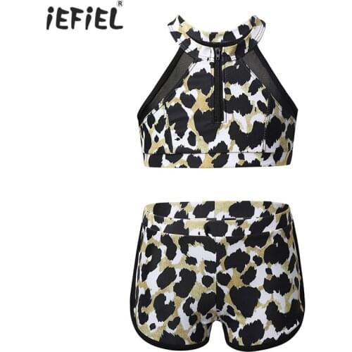 Kids Girls Tankini Swimwear Two Piece Bikini Sets Sleeveless Zippered Leopard Printed Swimsuits Bathing Suit Summer Beach Wear