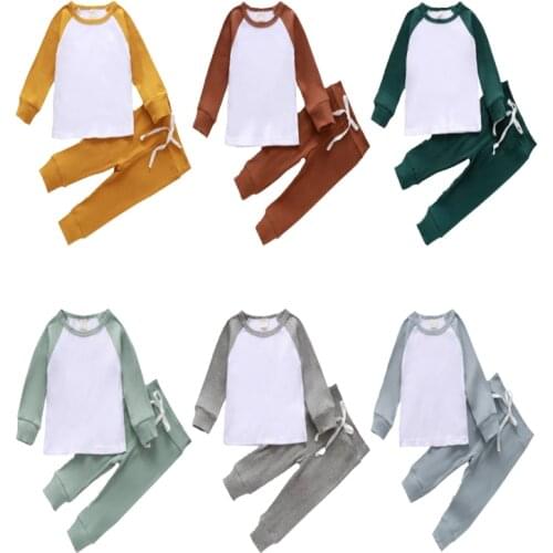 New Fashion Contrast Color Ribbed For Children Boys Girls Clothing Sets Long-sleeved Patchwork T-shirt + Pants Elastic Bandage