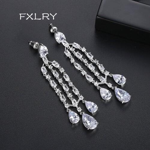 FXLRY New Design Luxury Fashion Jewelry White color Micro Pave Cubic Zircon Long tassel earrings Earrings for Wedding Bridesmaid
