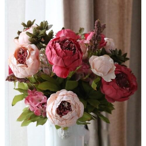 Artificial Peony Bouquets Flower Fake Leaf Silk Blooming Rose Peony Bridal Hand Flowers For Home Wedding Party Table Decor