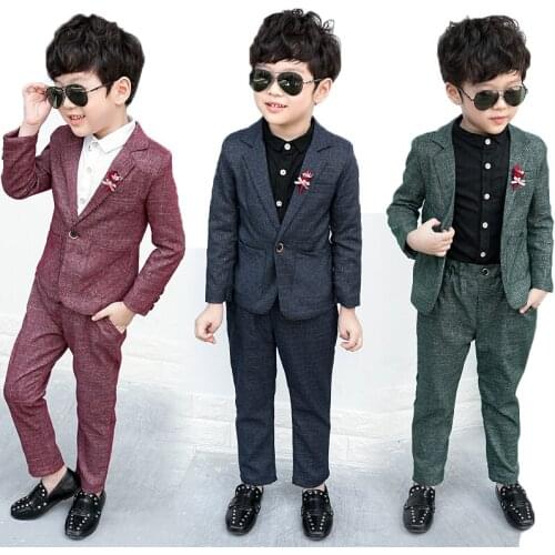 Childrens Formal Suit Sets Spring Autumn Flower Boy Wedding Performance Host Dress Costumes Kids Blazer Pants 2pcs Clothes Set