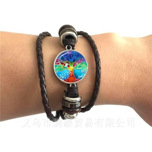 Tree of Life Leather Bird And Tree Picture Glass Cabochon Jewelry lack/Brown 2 Color Leather Bangle For Men Women Gift