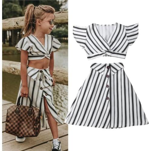 Summer Kids Girls Clothes Fashion Casual black and white Striped Crop Tops+Skirt 2PCS Set Outfit Party For Children 3-8Y