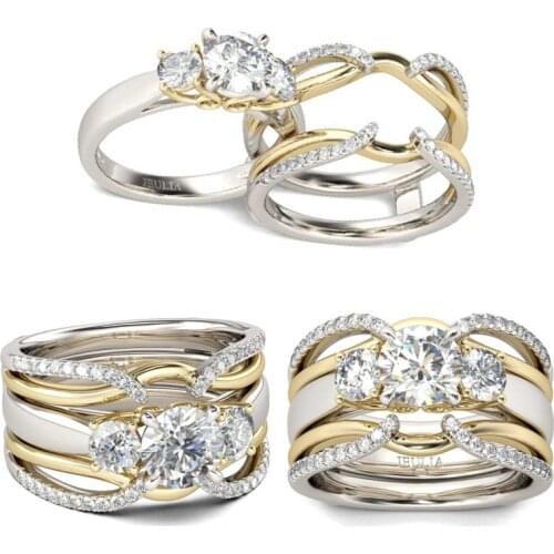 Milangirl Fashion 2 Pcs/Set Two-tone Ladies Inlaid Crystal Rhinestone Zircon Female Ring for Women Party Jewelry Accessories