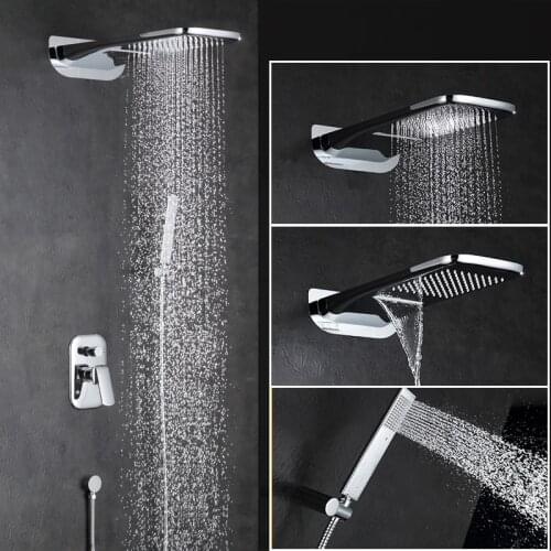 Bathroom three function solid brass waterfall rainfall wall mounted shower set kit shower faucet valve with handheld shower head