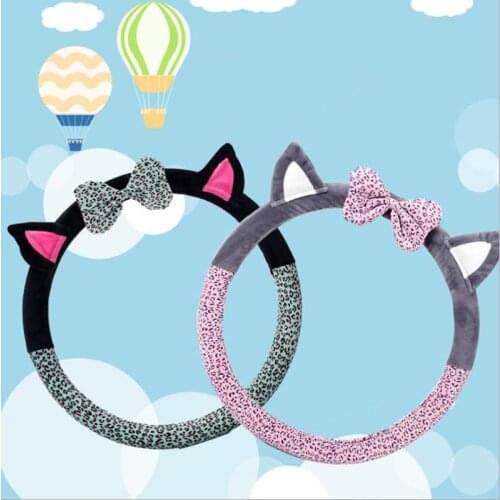 Cute Cat Ear Steering Wheel Cover Short Plush Winter Car Steering Wheel Covers For Girls Leopard Steering-Wheel Covers Case